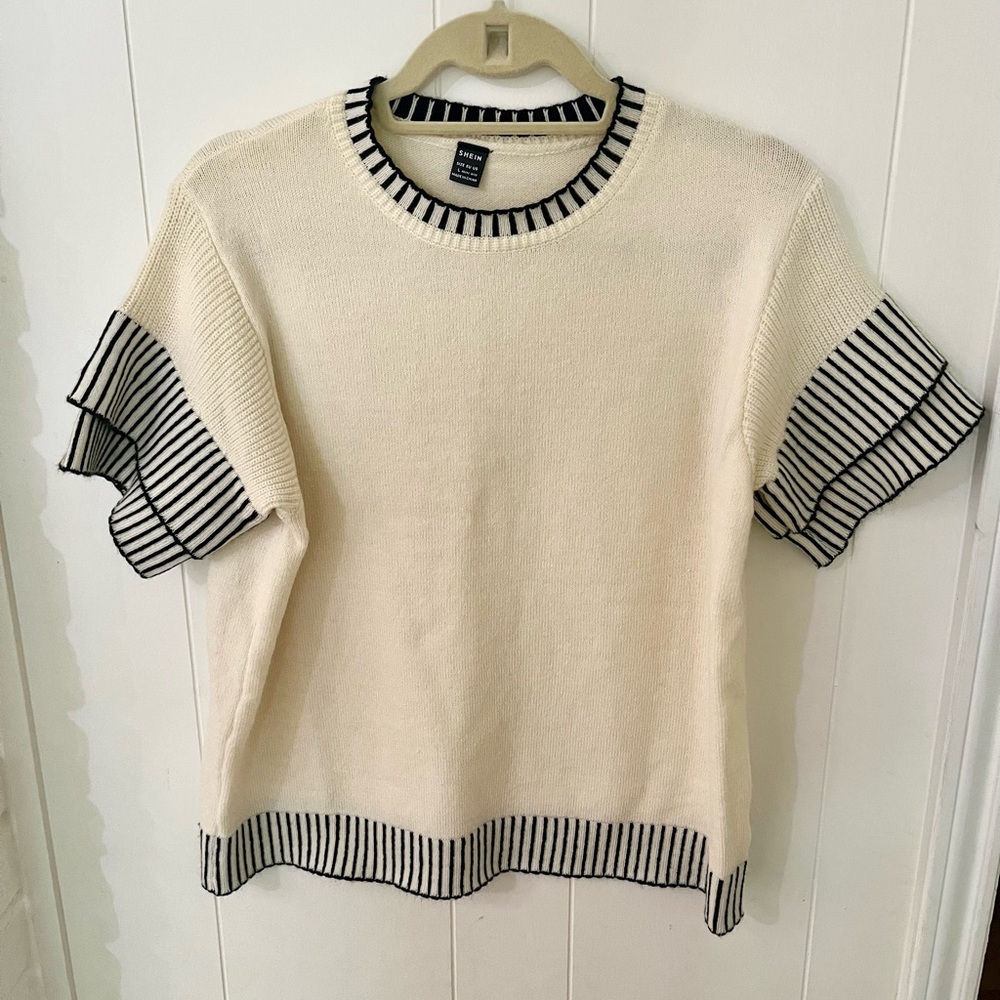 NWOT Cream and Black Striped Short Sleeve Sweater